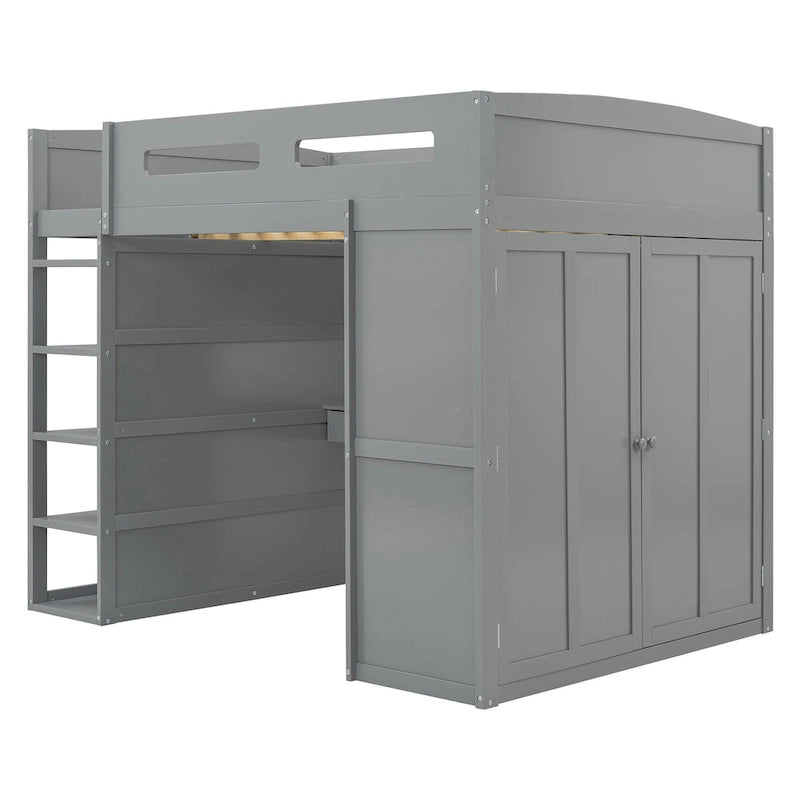 Lit mezzanine double avec bureau, armoires, 4 tiroirs et 4 étagères - Blanc