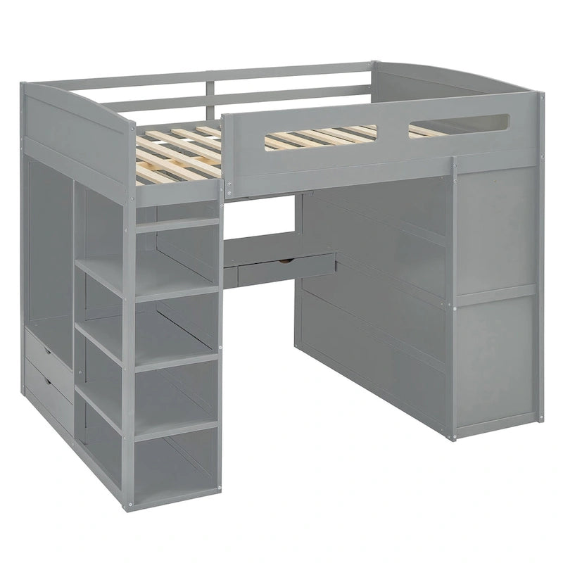 Lit mezzanine double avec bureau, armoires, 4 tiroirs et 4 étagères - Blanc