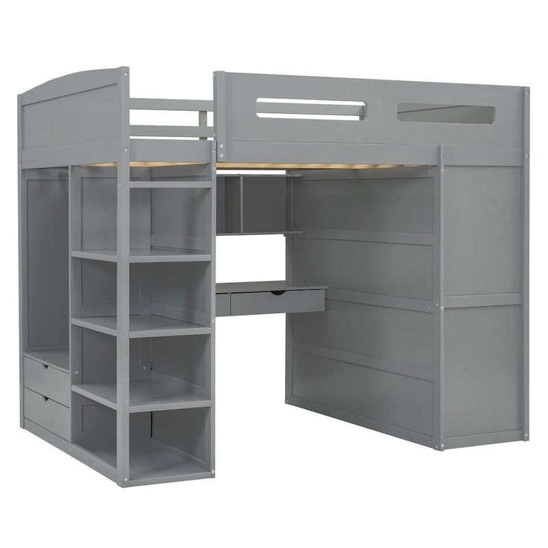Lit mezzanine double avec bureau, armoires, 4 tiroirs et 4 étagères - Blanc