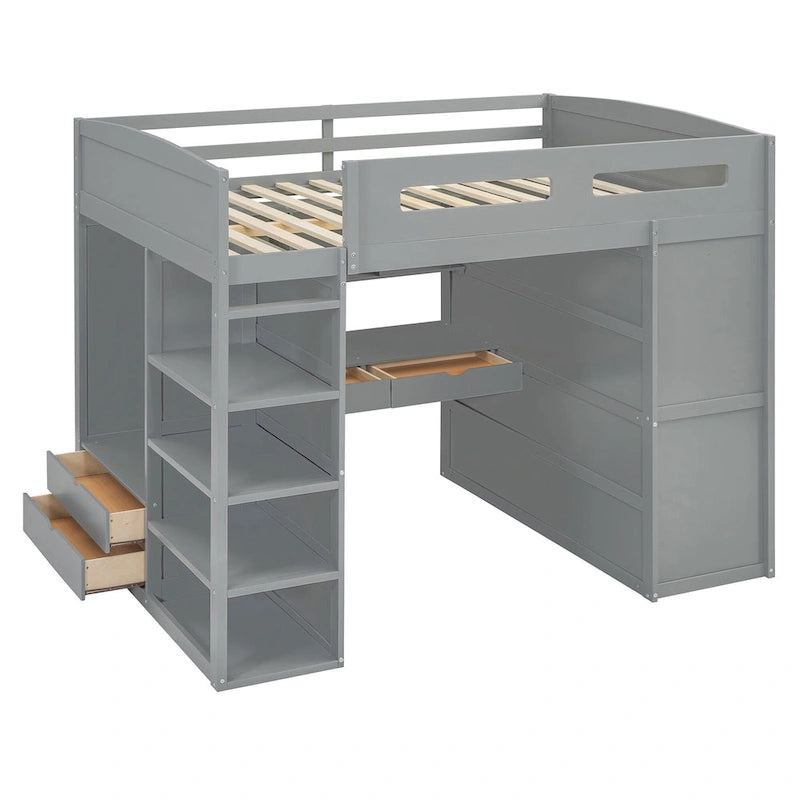 Lit mezzanine double avec bureau, armoires, 4 tiroirs et 4 étagères - Blanc