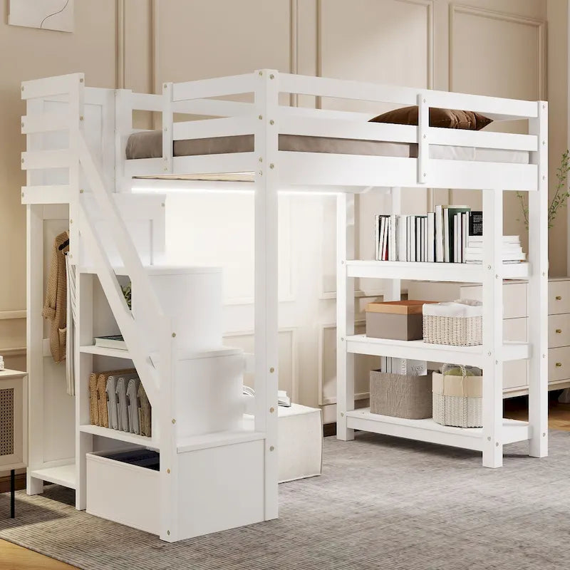 Lit mezzanine double avec étagères, escalier de rangement, petite armoire et lumière LED blanche, blanc