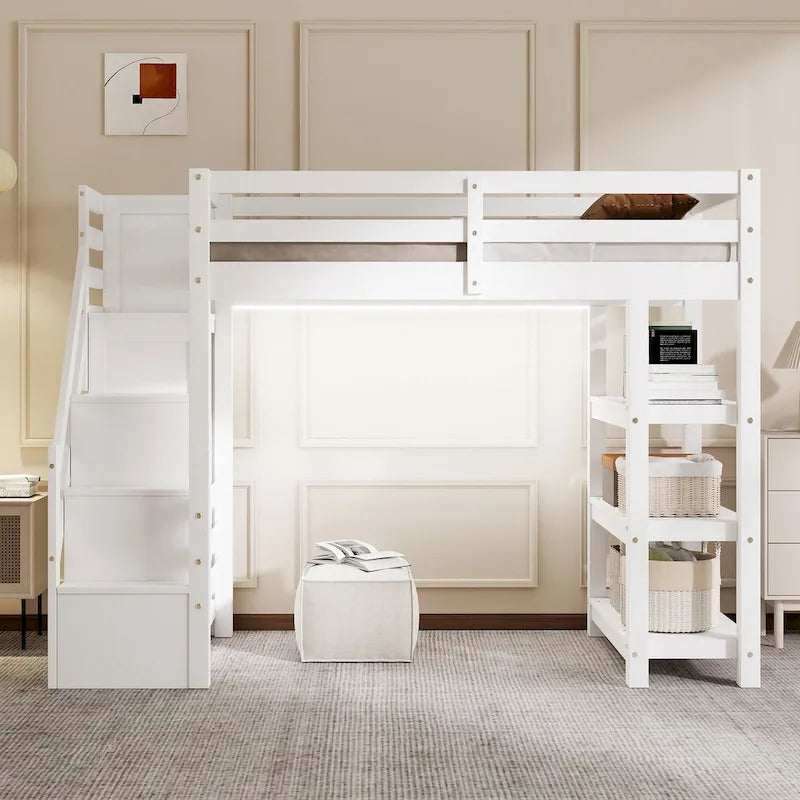 Lit mezzanine double avec étagères, escalier de rangement, petite armoire et lumière LED blanche, blanc