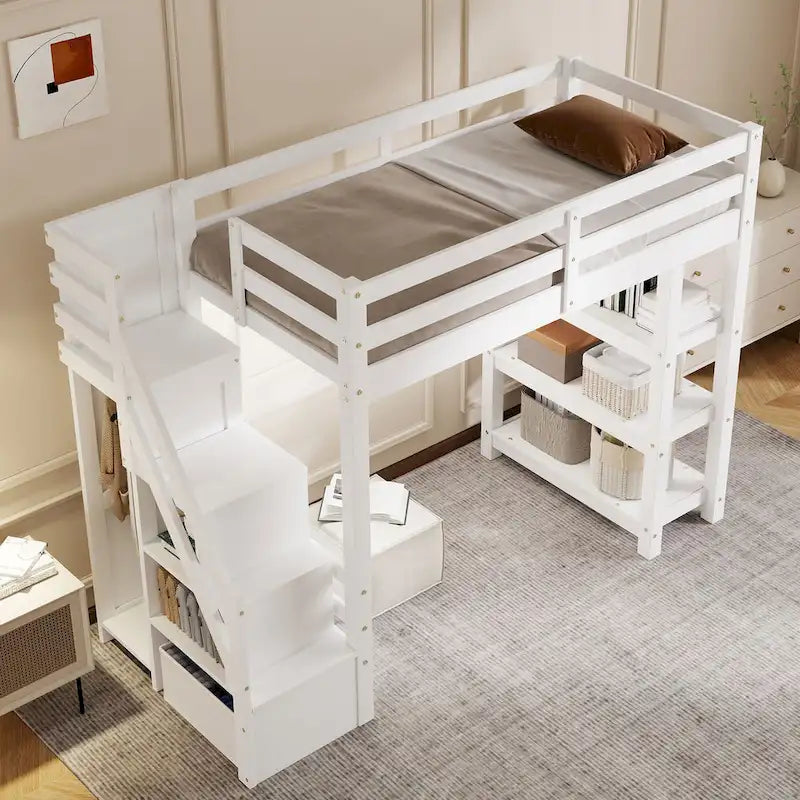 Lit mezzanine double avec étagères, escalier de rangement, petite armoire et lumière LED blanche, blanc