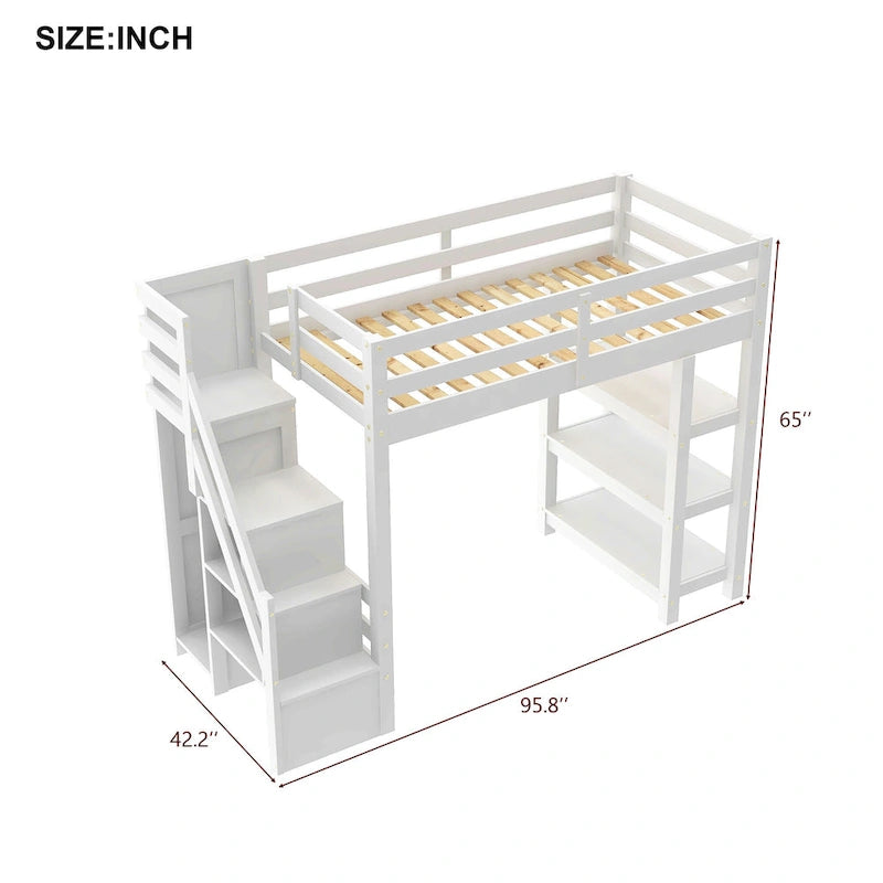 Lit mezzanine double avec étagères, escalier de rangement, petite armoire et lumière LED blanche, blanc