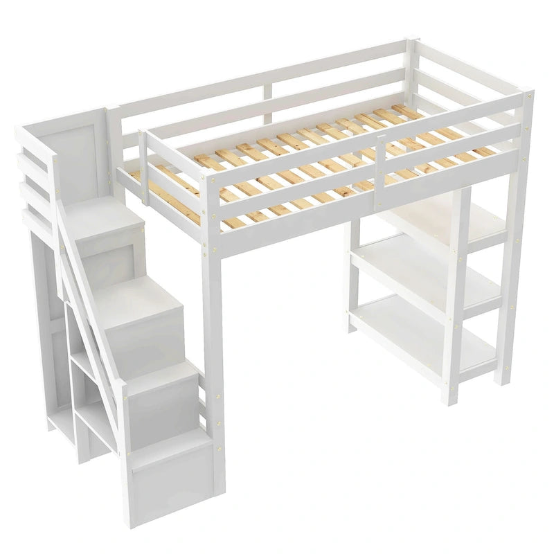 Lit mezzanine double avec étagères, escalier de rangement, petite armoire et lumière LED blanche, blanc