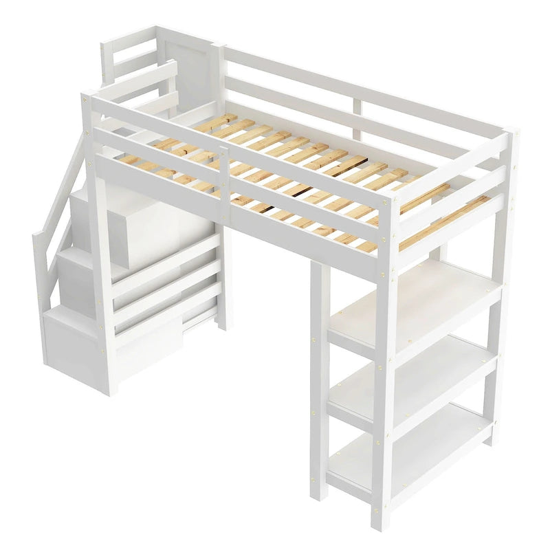 Lit mezzanine double avec étagères, escalier de rangement, petite armoire et lumière LED blanche, blanc