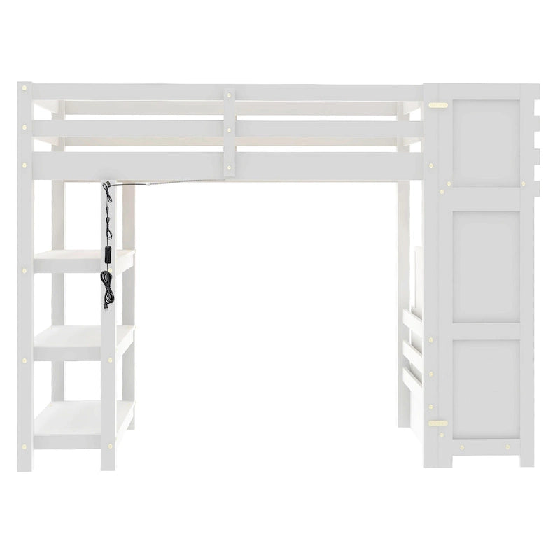 Lit mezzanine double avec étagères, escalier de rangement, petite armoire et lumière LED blanche, blanc