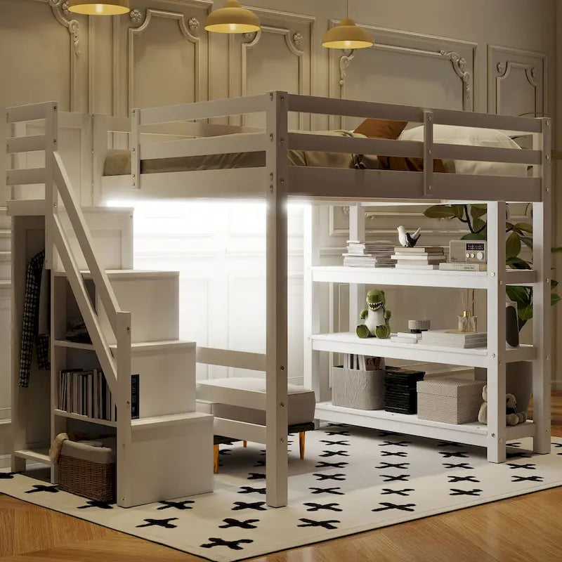 Lit mezzanine double avec étagères, escalier de rangement, petite armoire et lumière LED blanche, blanc