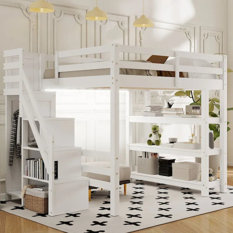 Lit mezzanine double avec étagères, escalier de rangement, petite armoire et lumière LED blanche, blanc