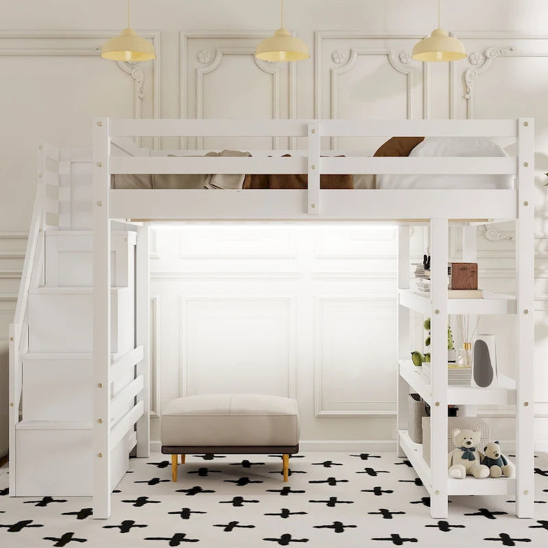 Lit mezzanine double avec étagères, escalier de rangement, petite armoire et lumière LED blanche, blanc