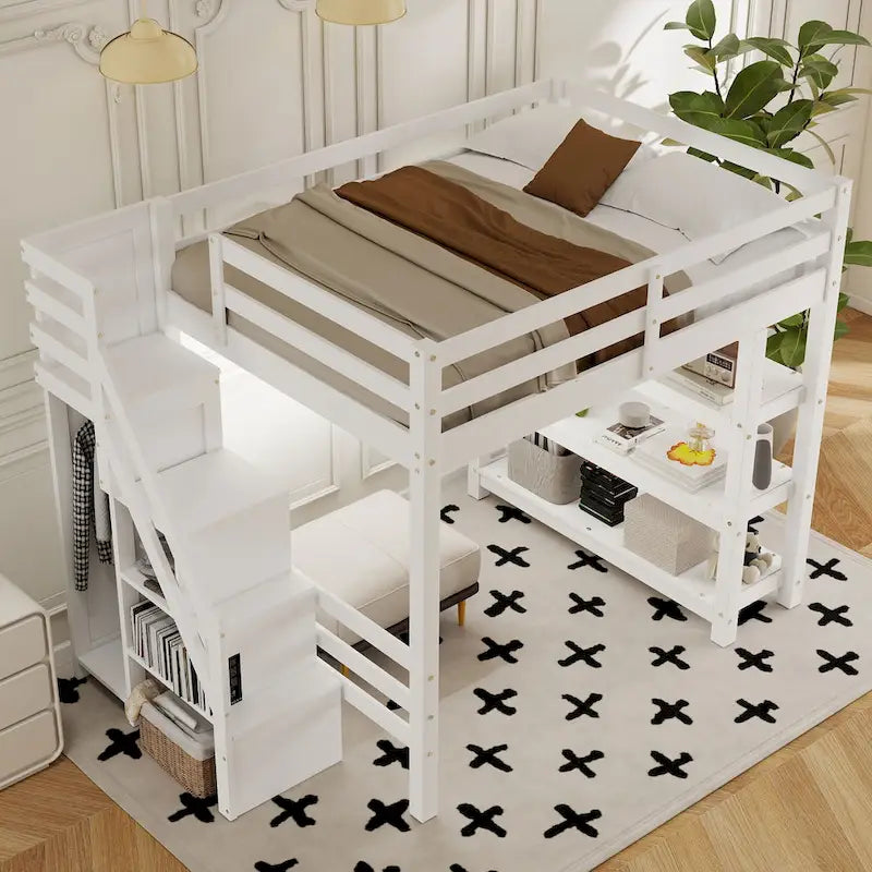 Lit mezzanine double avec étagères, escalier de rangement, petite armoire et lumière LED blanche, blanc