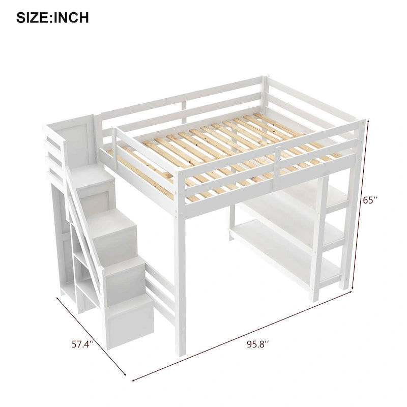 Lit mezzanine double avec étagères, escalier de rangement, petite armoire et lumière LED blanche, blanc