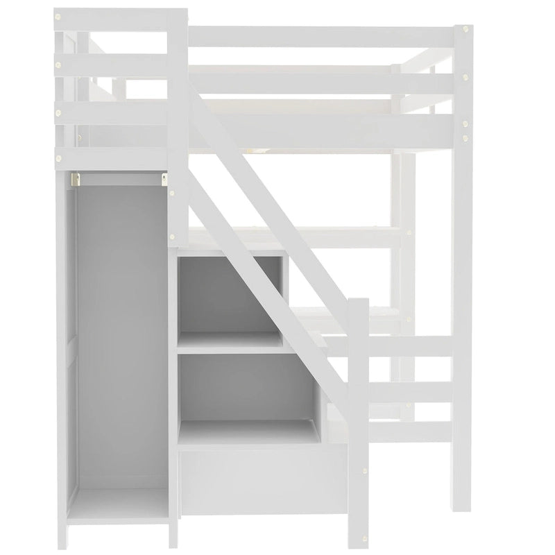 Lit mezzanine double avec étagères, escalier de rangement, petite armoire et lumière LED blanche, blanc