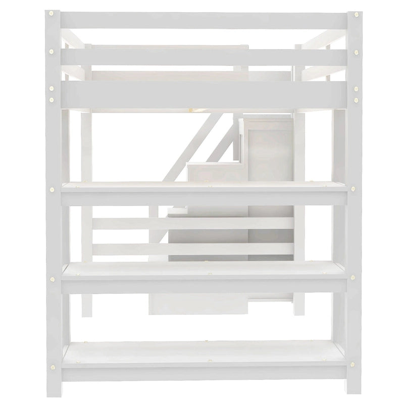 Lit mezzanine double avec étagères, escalier de rangement, petite armoire et lumière LED blanche, blanc