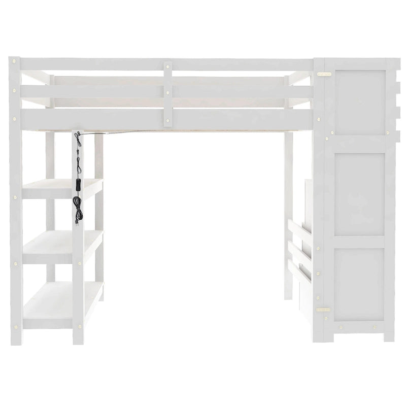 Lit mezzanine double avec étagères, escalier de rangement, petite armoire et lumière LED blanche, blanc