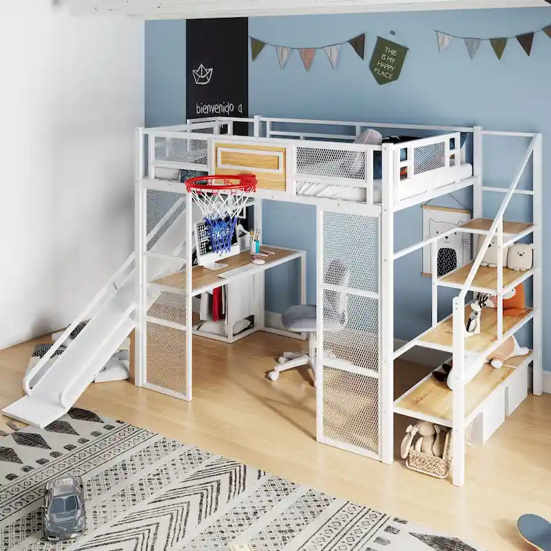 Lit mezzanine industriel pleine grandeur avec panier de basket, toboggan et escaliers, cadre de lit mezzanine en métal robuste avec étagère, bureau et armoire