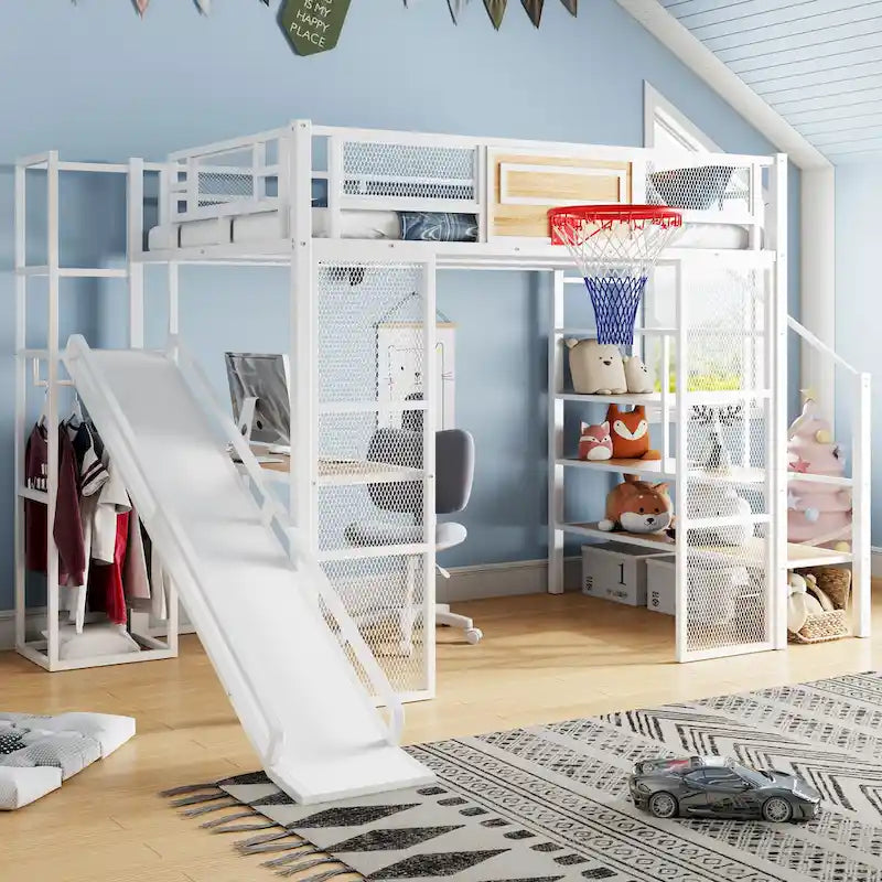 Lit mezzanine industriel pleine grandeur avec panier de basket, toboggan et escaliers, cadre de lit mezzanine en métal robuste avec étagère, bureau et armoire