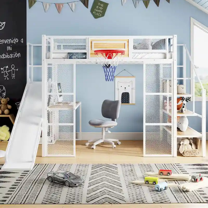 Lit mezzanine industriel pleine grandeur avec panier de basket, toboggan et escaliers, cadre de lit mezzanine en métal robuste avec étagère, bureau et armoire