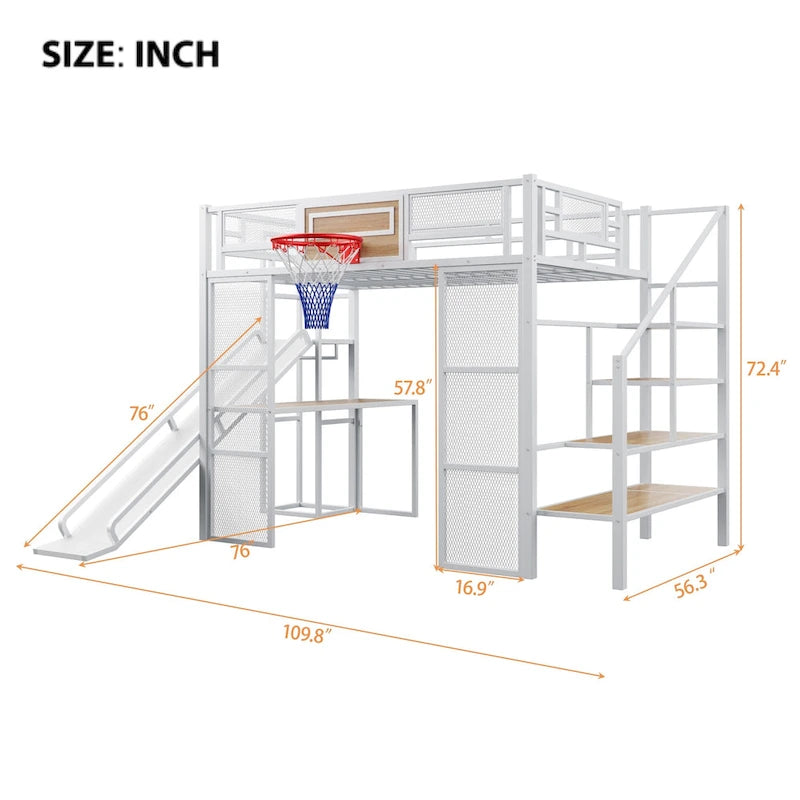 Lit mezzanine industriel pleine grandeur avec panier de basket, toboggan et escaliers, cadre de lit mezzanine en métal robuste avec étagère, bureau et armoire