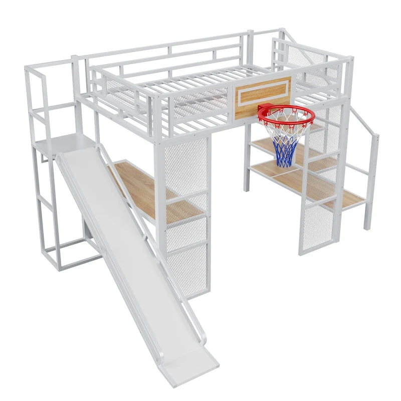 Lit mezzanine industriel pleine grandeur avec panier de basket, toboggan et escaliers, cadre de lit mezzanine en métal robuste avec étagère, bureau et armoire