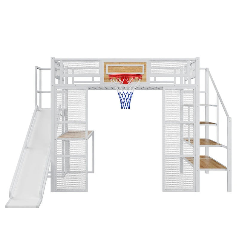 Lit mezzanine industriel pleine grandeur avec panier de basket, toboggan et escaliers, cadre de lit mezzanine en métal robuste avec étagère, bureau et armoire