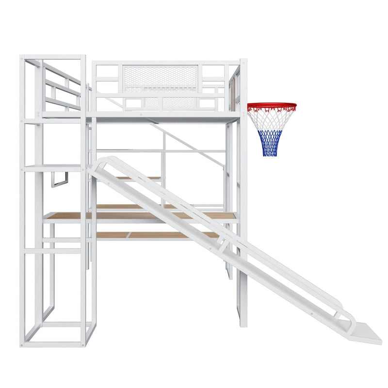 Lit mezzanine industriel pleine grandeur avec panier de basket, toboggan et escaliers, cadre de lit mezzanine en métal robuste avec étagère, bureau et armoire
