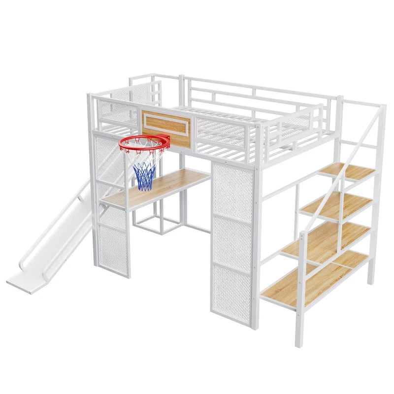 Lit mezzanine industriel pleine grandeur avec panier de basket, toboggan et escaliers, cadre de lit mezzanine en métal robuste avec étagère, bureau et armoire