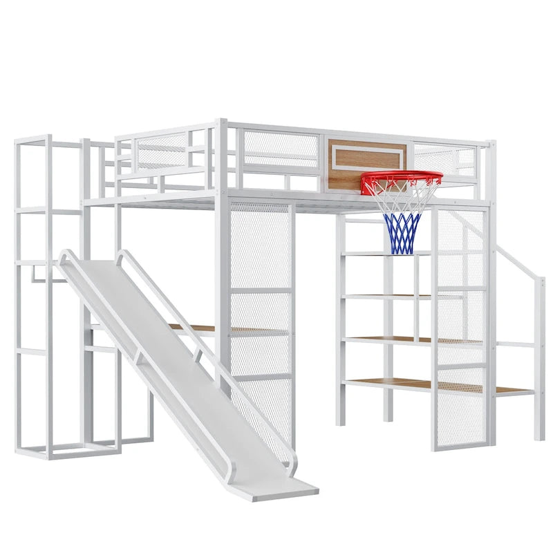 Lit mezzanine industriel pleine grandeur avec panier de basket, toboggan et escaliers, cadre de lit mezzanine en métal robuste avec étagère, bureau et armoire