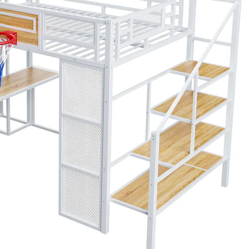Lit mezzanine industriel pleine grandeur avec panier de basket, toboggan et escaliers, cadre de lit mezzanine en métal robuste avec étagère, bureau et armoire