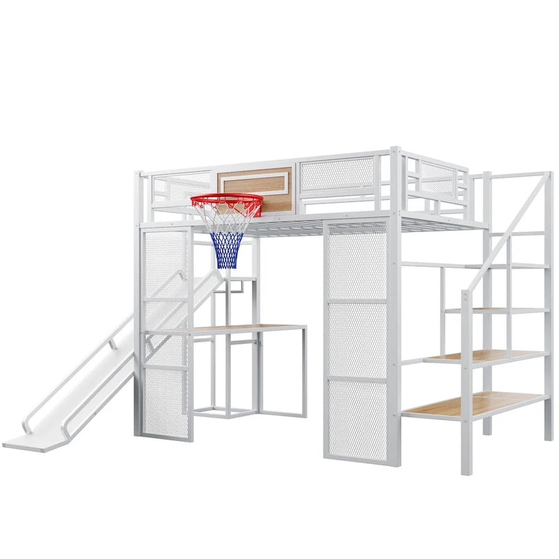 Lit mezzanine industriel pleine grandeur avec panier de basket, toboggan et escaliers, cadre de lit mezzanine en métal robuste avec étagère, bureau et armoire