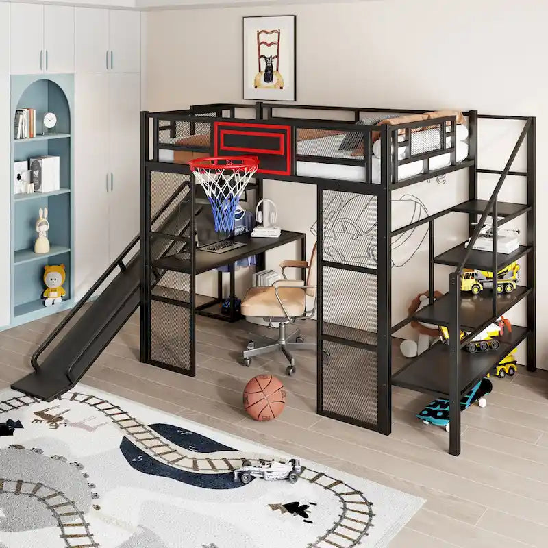 Lit mezzanine industriel pleine grandeur avec panier de basket, toboggan et escaliers, cadre de lit mezzanine en métal robuste avec étagère, bureau et armoire