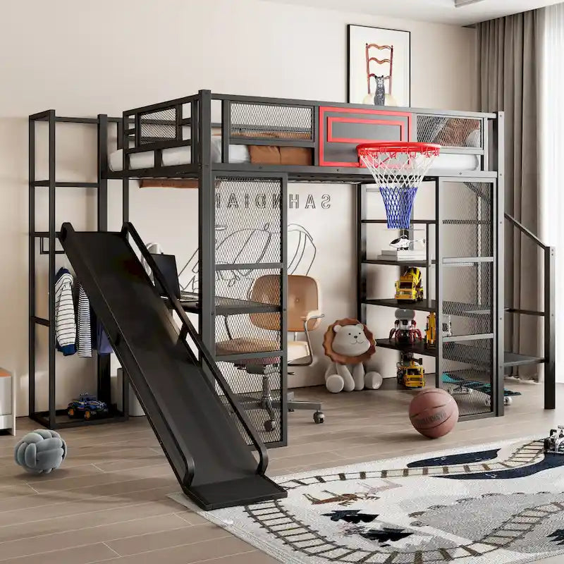 Lit mezzanine industriel pleine grandeur avec panier de basket, toboggan et escaliers, cadre de lit mezzanine en métal robuste avec étagère, bureau et armoire