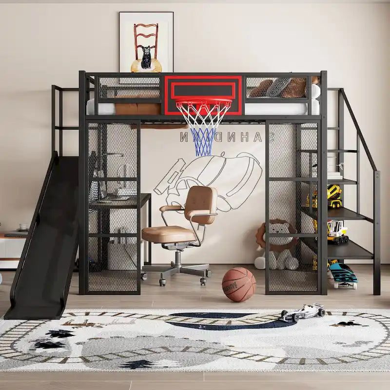 Lit mezzanine industriel pleine grandeur avec panier de basket, toboggan et escaliers, cadre de lit mezzanine en métal robuste avec étagère, bureau et armoire