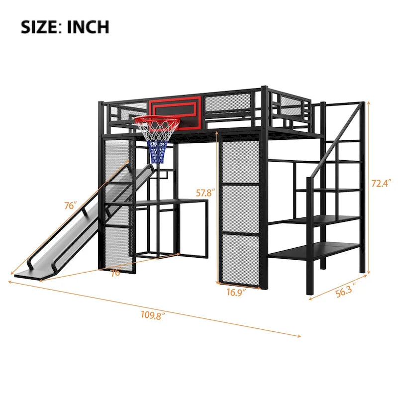 Lit mezzanine industriel pleine grandeur avec panier de basket, toboggan et escaliers, cadre de lit mezzanine en métal robuste avec étagère, bureau et armoire