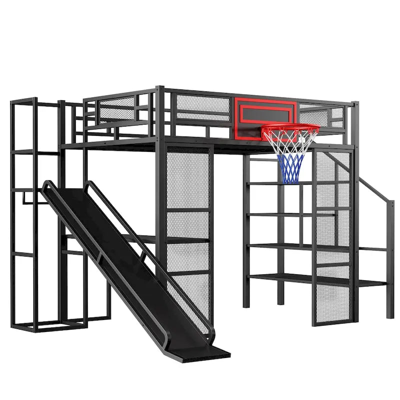 Lit mezzanine industriel pleine grandeur avec panier de basket, toboggan et escaliers, cadre de lit mezzanine en métal robuste avec étagère, bureau et armoire