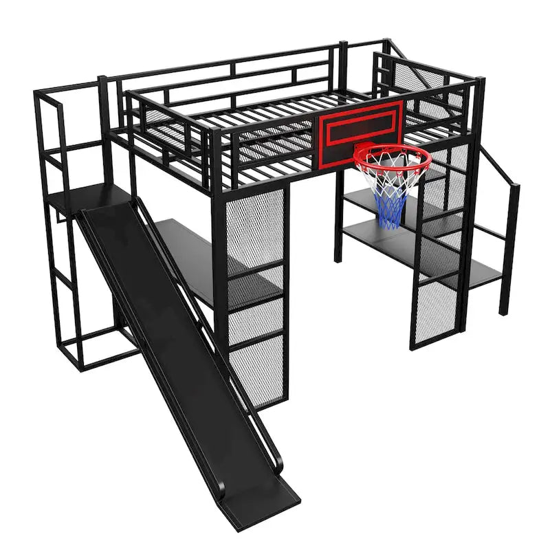Lit mezzanine industriel pleine grandeur avec panier de basket, toboggan et escaliers, cadre de lit mezzanine en métal robuste avec étagère, bureau et armoire