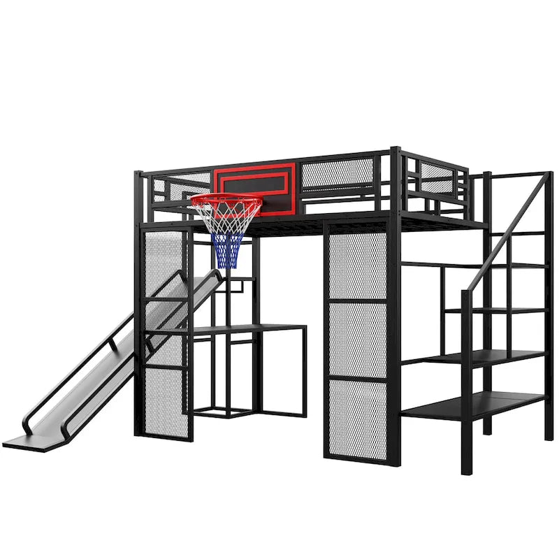 Lit mezzanine industriel pleine grandeur avec panier de basket, toboggan et escaliers, cadre de lit mezzanine en métal robuste avec étagère, bureau et armoire