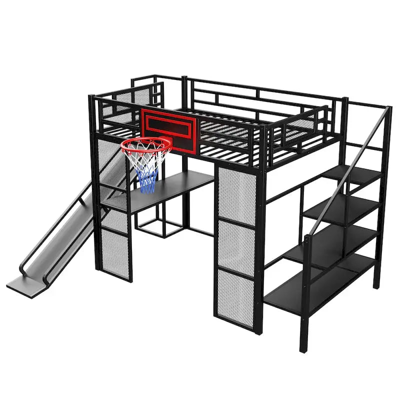 Lit mezzanine industriel pleine grandeur avec panier de basket, toboggan et escaliers, cadre de lit mezzanine en métal robuste avec étagère, bureau et armoire