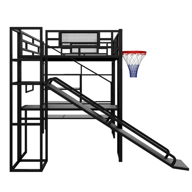 Lit mezzanine industriel pleine grandeur avec panier de basket, toboggan et escaliers, cadre de lit mezzanine en métal robuste avec étagère, bureau et armoire