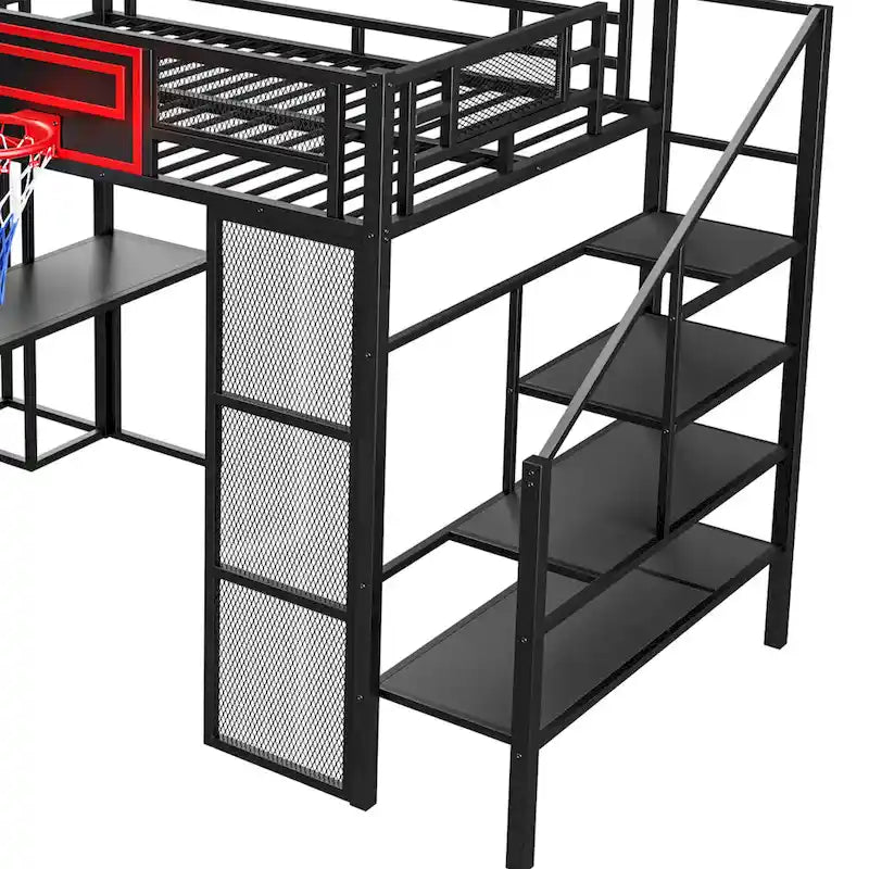 Lit mezzanine industriel pleine grandeur avec panier de basket, toboggan et escaliers, cadre de lit mezzanine en métal robuste avec étagère, bureau et armoire