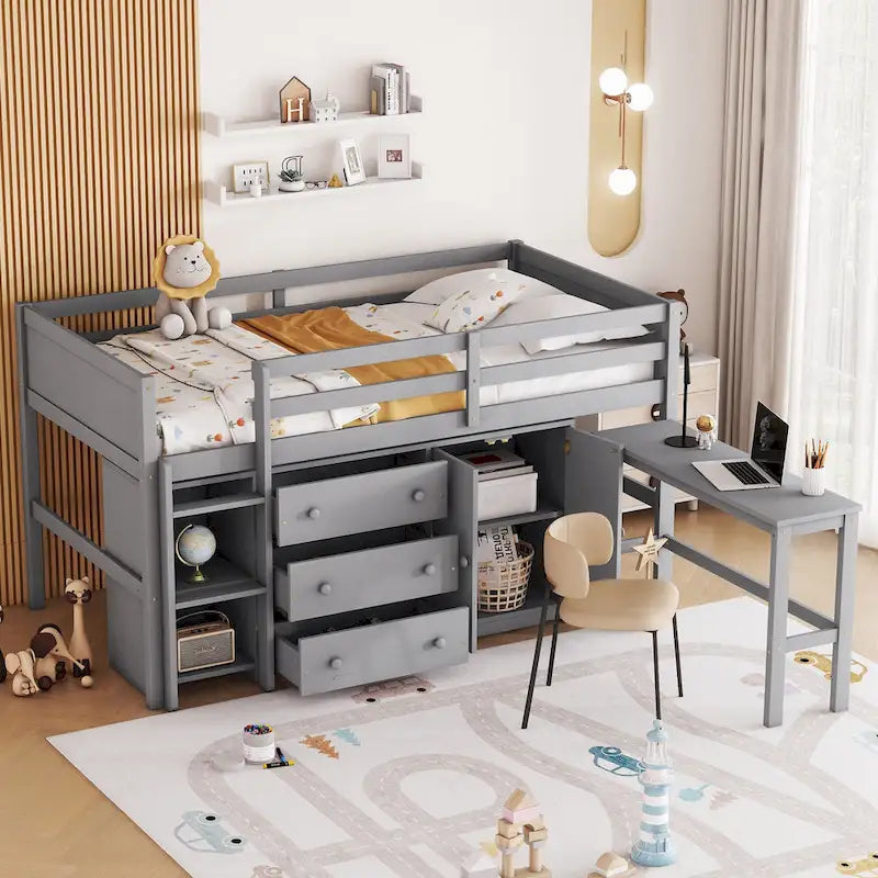 Twin Size Low Loft Bed with Pull Out Desk,Drawers,Cabinet and Shelves