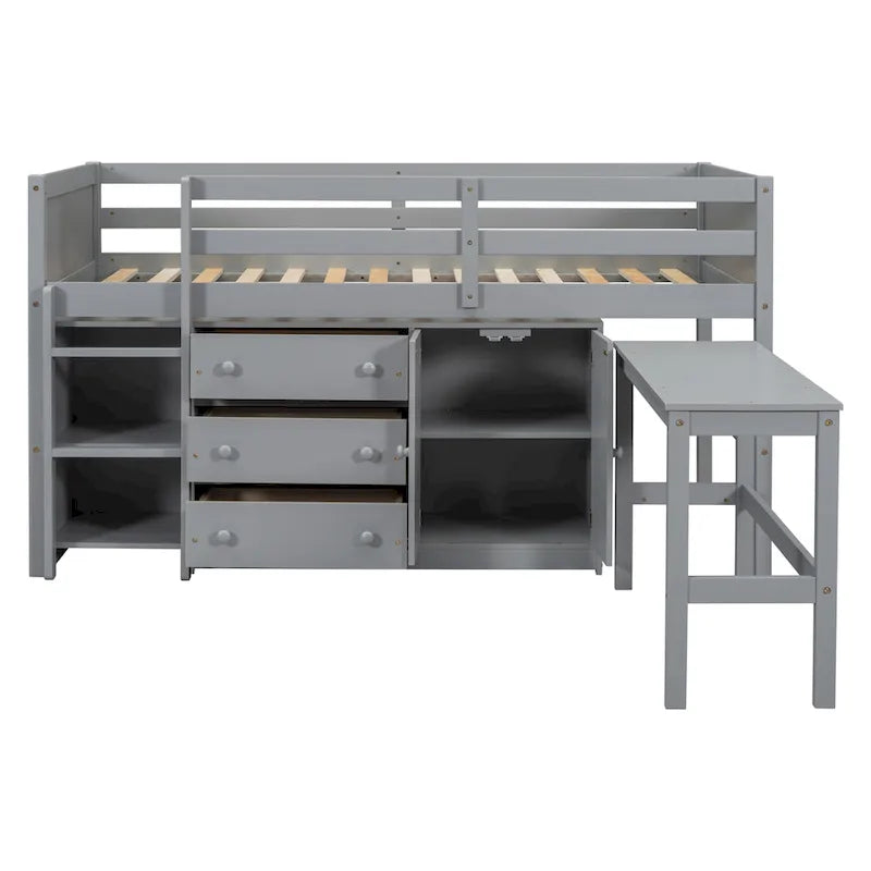 Lit mezzanine bas une place avec bureau coulissant, tiroirs, armoire et étagères