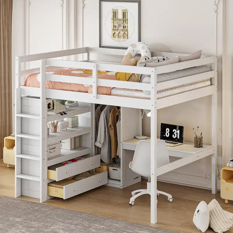 Lit mezzanine pleine grandeur en pin avec bureau d'étude intégré et armoire, étagères de rangement et 2 tiroirs, garde-corps pleine longueur
