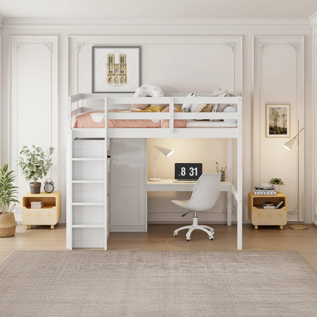 Lit mezzanine pleine grandeur en pin avec bureau d'étude intégré et armoire, étagères de rangement et 2 tiroirs, garde-corps pleine longueur