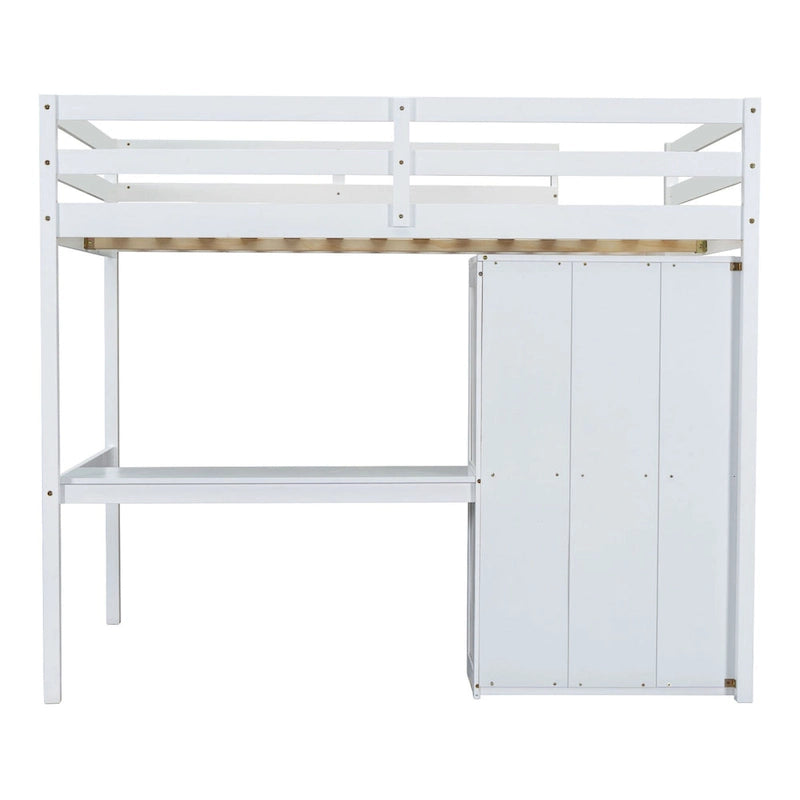 Lit mezzanine pleine grandeur en pin avec bureau d'étude intégré et armoire, étagères de rangement et 2 tiroirs, garde-corps pleine longueur