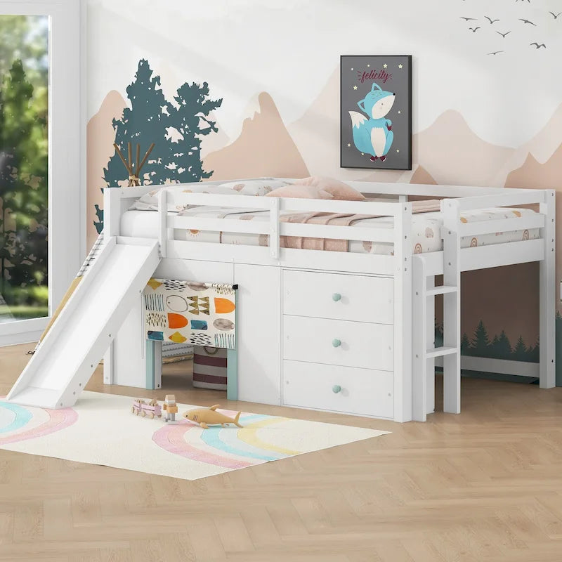 Lit bas mezzanine pleine grandeur avec toboggan intégré, cadre de lit en bois massif avec 3 tiroirs de rangement et 2 portes pour chambre d'enfants garçons et filles