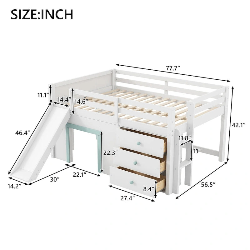 Lit bas mezzanine pleine grandeur avec toboggan intégré, cadre de lit en bois massif avec 3 tiroirs de rangement et 2 portes pour chambre d'enfants garçons et filles