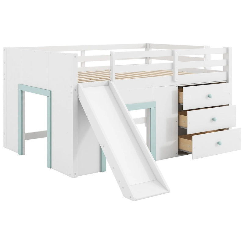 Lit bas mezzanine pleine grandeur avec toboggan intégré, cadre de lit en bois massif avec 3 tiroirs de rangement et 2 portes pour chambre d'enfants garçons et filles