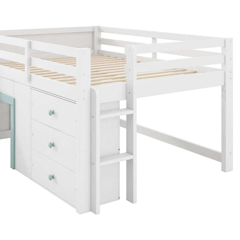 Lit bas mezzanine pleine grandeur avec toboggan intégré, cadre de lit en bois massif avec 3 tiroirs de rangement et 2 portes pour chambre d'enfants garçons et filles