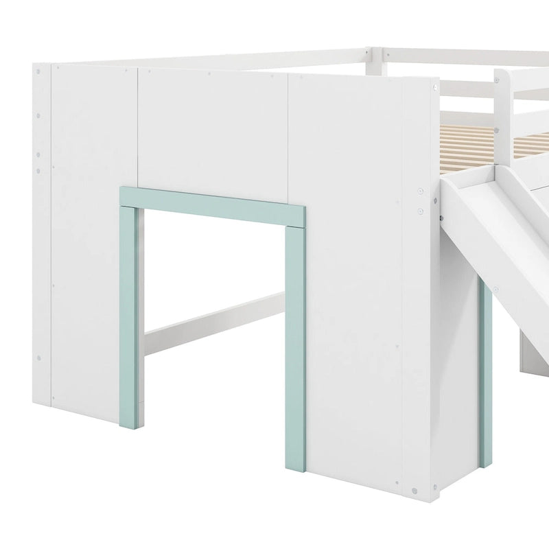 Lit bas mezzanine pleine grandeur avec toboggan intégré, cadre de lit en bois massif avec 3 tiroirs de rangement et 2 portes pour chambre d'enfants garçons et filles